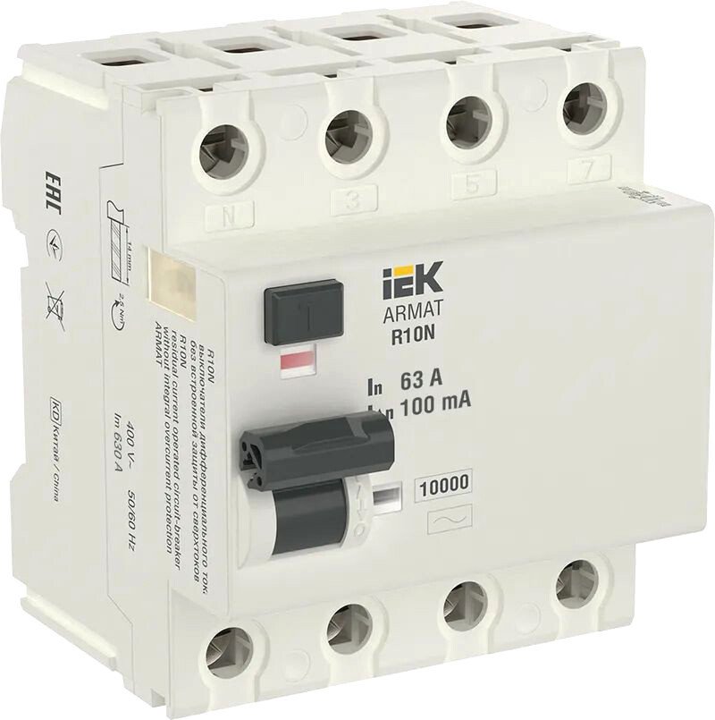 

Дифференциальный автомат IEK 4P 63А 100мА тип AC AR-R10N-4-063C100