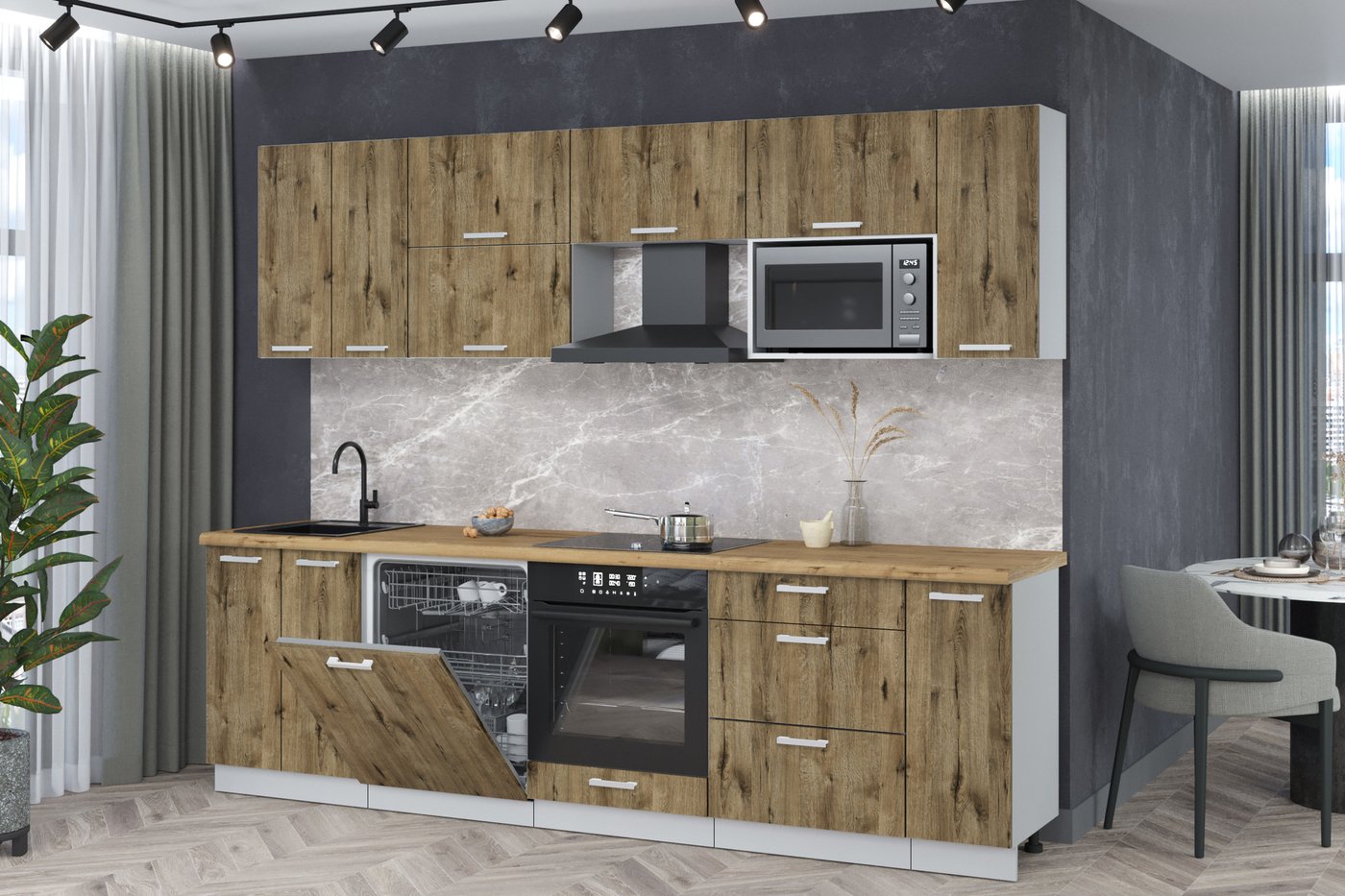 

Готовая кухня Интерлиния Мила Лайт 2.7-ПМ2 (дуб веллингтон/дуб веллингтон/дуб бунратти)