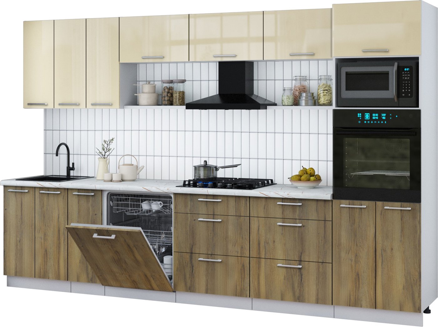 

Готовая кухня Интерлиния Мила Gloss 3.3-ПМ1-2 (дуб вотан/ваниль глянец/серый каспий)