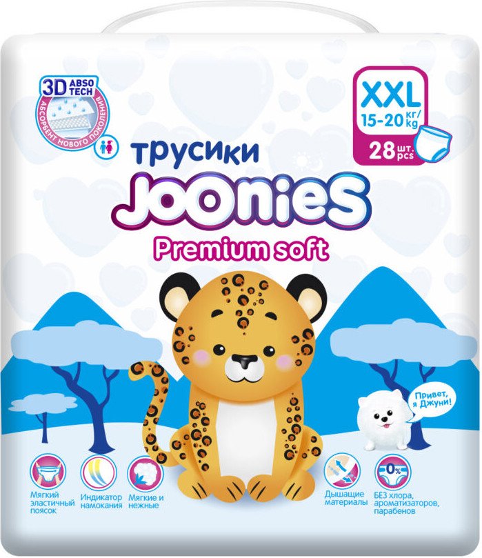 

Трусики-подгузники Joonies Premium Soft XXL 15-20 кг (28 шт)