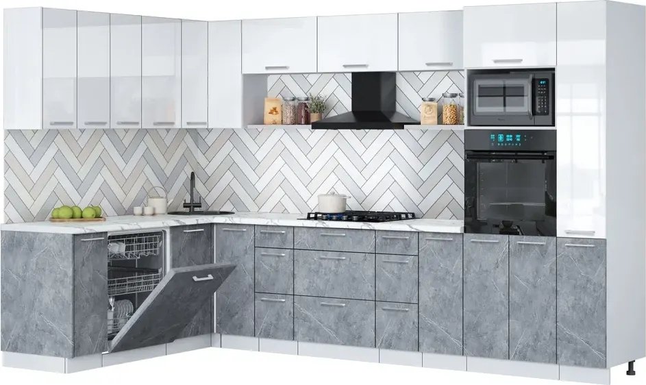 

Готовая кухня Интерлиния Мила Gloss 1.896х3.28 (керамика/белый глянец/белый гранит)