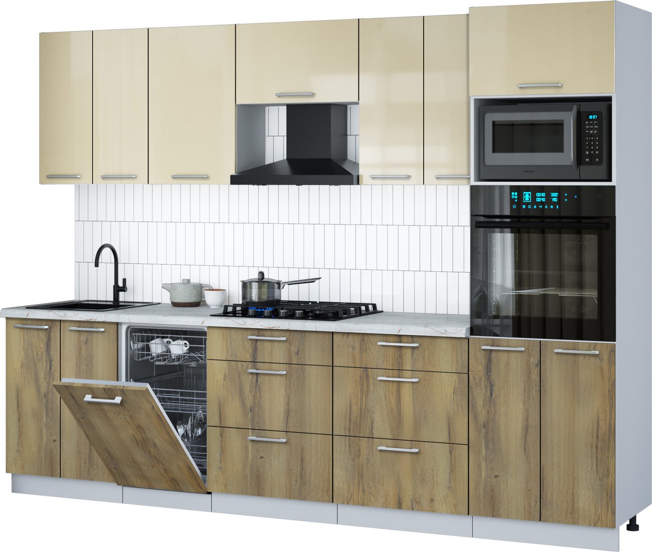 

Готовая кухня Интерлиния Мила Gloss 2.85-ПМ3 (дуб вотан/ваниль глянец/серый каспий)