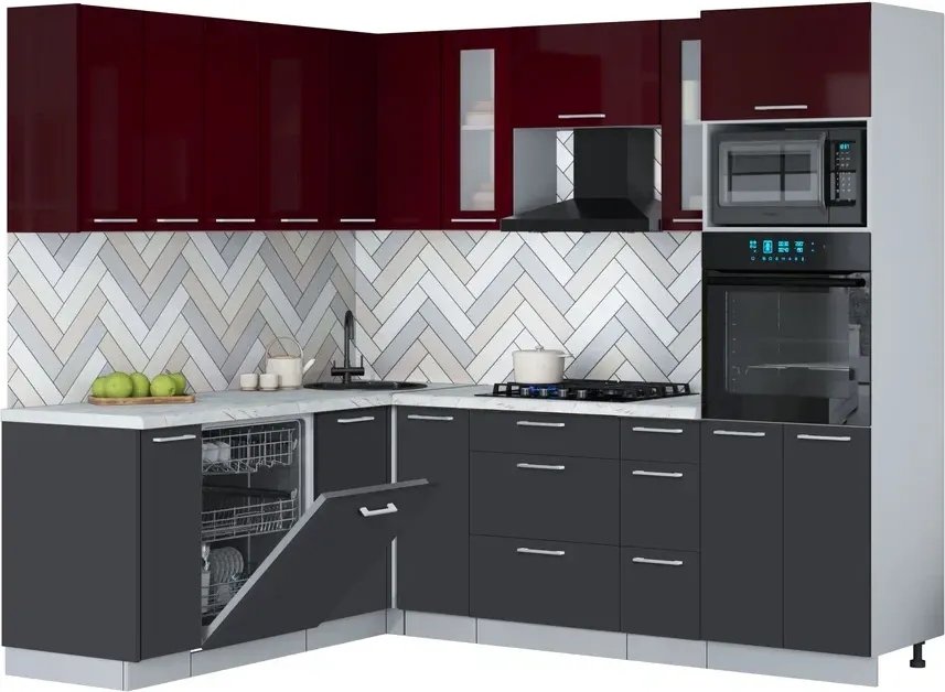 

Готовая кухня Интерлиния Мила Gloss 1.896х2.38 (пепел/бордовый глянец/серый каспий)