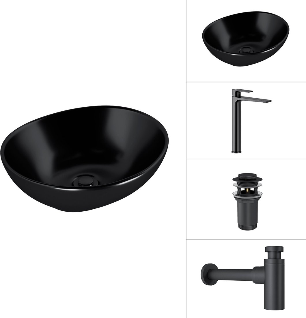 Умывальник Lauter 21652-A + Reef 21CK8678BS + сифон 21635B + дон.клапан 21190B (черный матовый)
