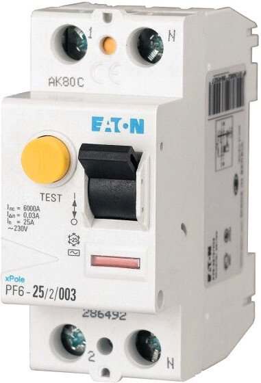 

Устройство защитного отключения Eaton PF6 2P 25A 300мА 2М 286494