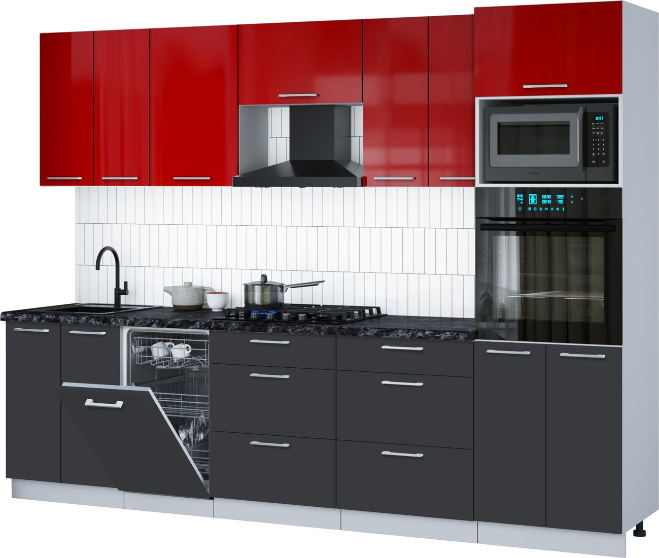 

Готовая кухня Интерлиния Мила Gloss 2.85-ПМ3 (пепел/красный глянец/кастилло темный)