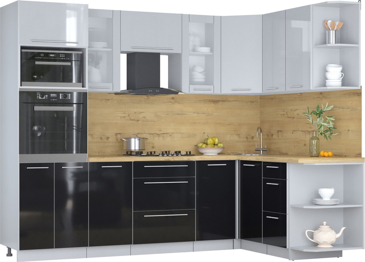 

Готовая кухня Интерлиния Мила Пластик 1.68x2.6 PR (туманный глянец/черный глянец/дуб бунратти)