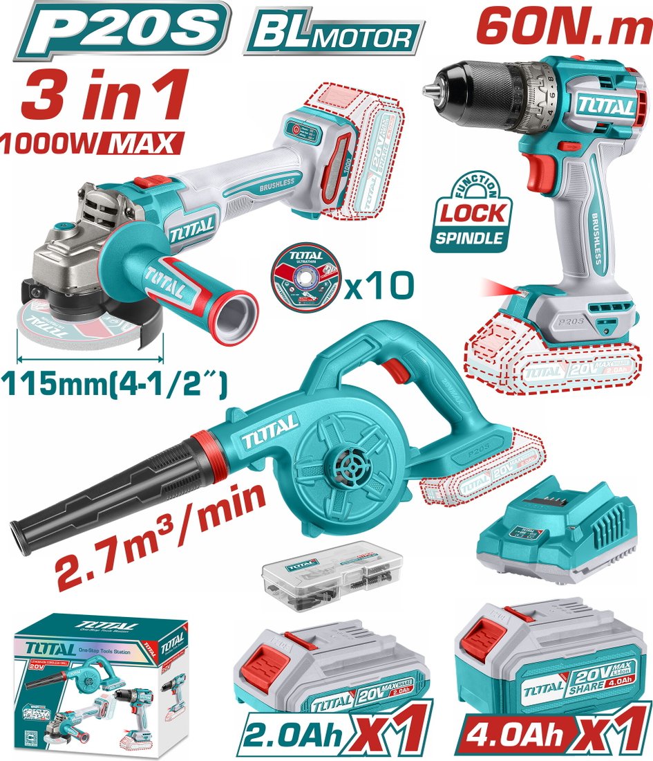 

Total TOSLI241192 (шуруповерт, болгарка, воздуходувка, 2 АКБ)