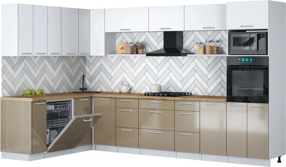 

Готовая кухня Интерлиния Мила Gloss 1.896х3.38-2 (капучино глянец/белый/дуб бунратти)