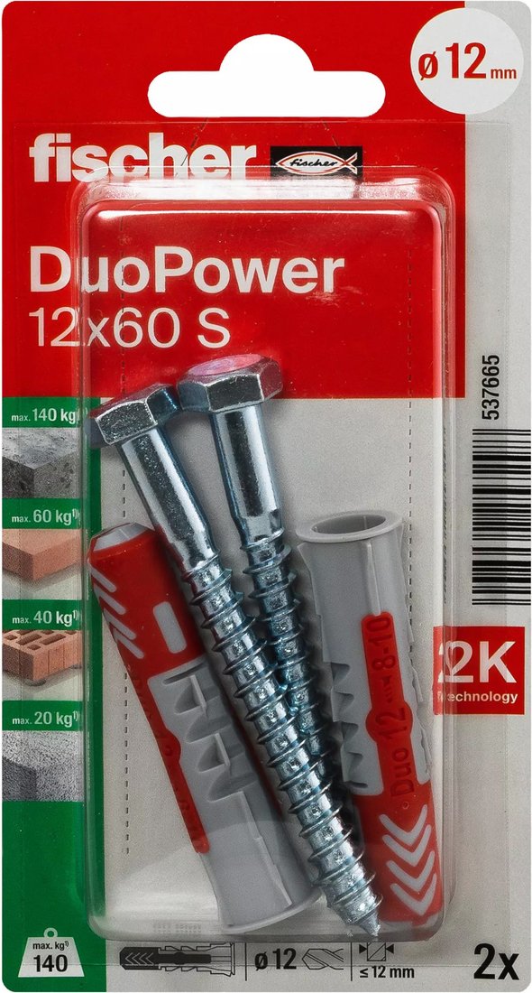 

Дюбель-гвоздь Fischer DuoPower 12 x 60 S K NV 537665 (2 шт)