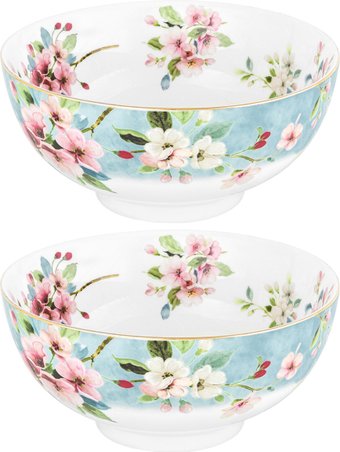 Набор салатников Elan Gallery Яблоневый цвет на голубом New Bone China 420785