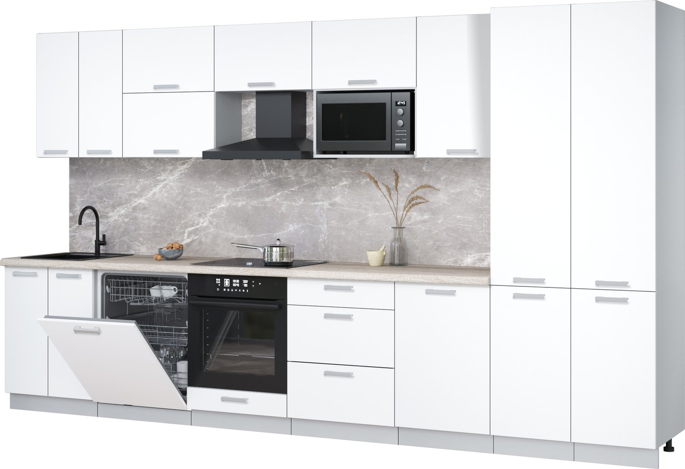 

Готовая кухня Интерлиния Мила Лайт 3.7-ПМ2 (белый платинум/белый платинум/травертин серый)