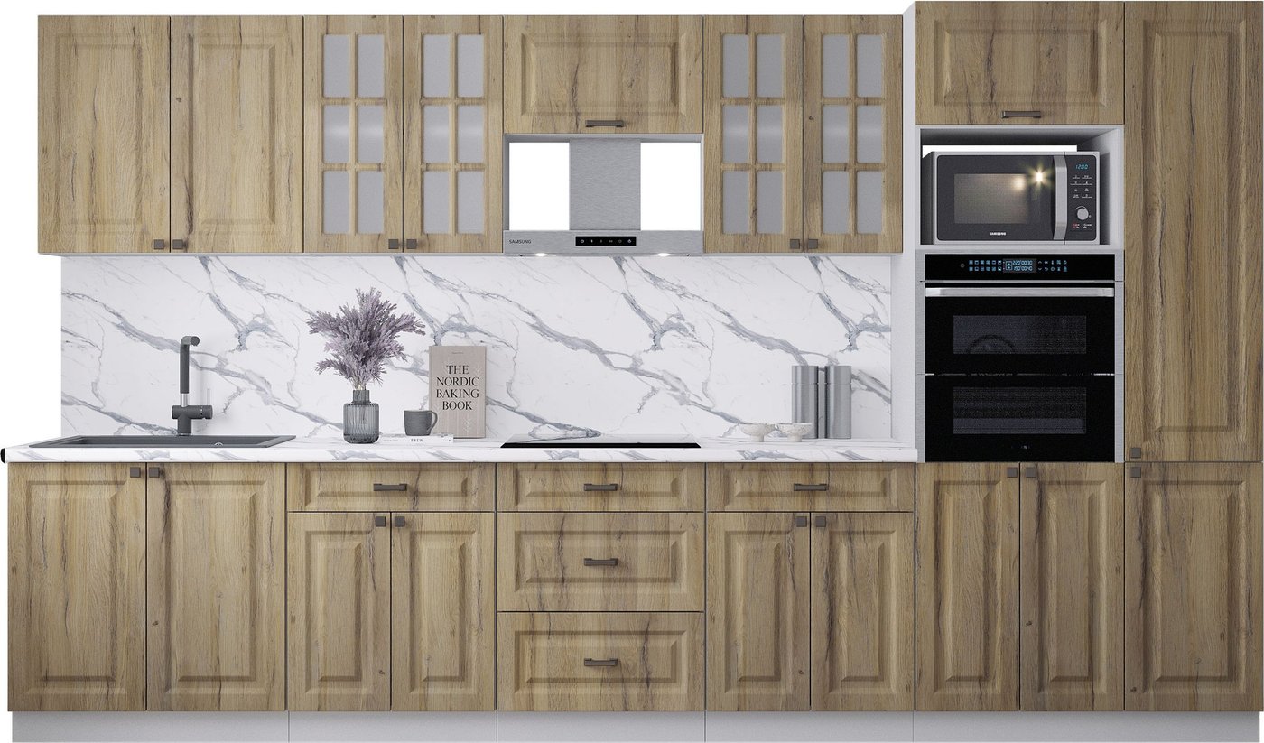 

Готовая кухня Интерлиния Мила Деко 3.6 (дуб вотан/дуб вотан/белый гранит)