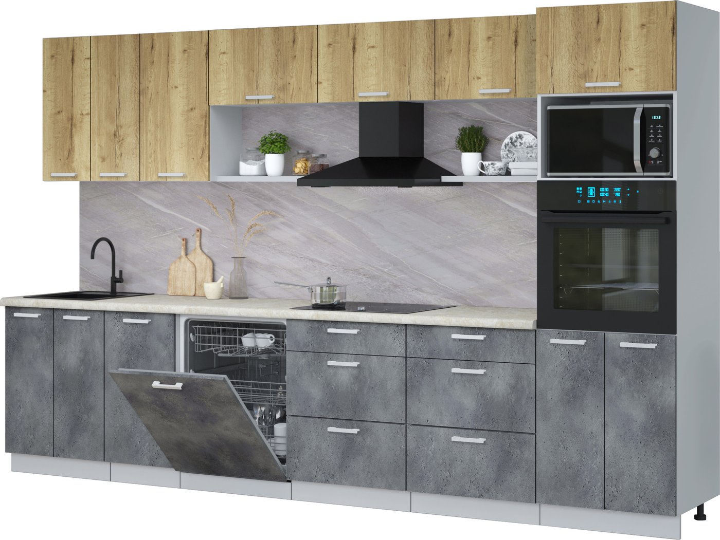 

Готовая кухня Интерлиния Мила Лайт 3.4-ПМ1-2 (дуб золотой/бетон портленд/опал светлый)