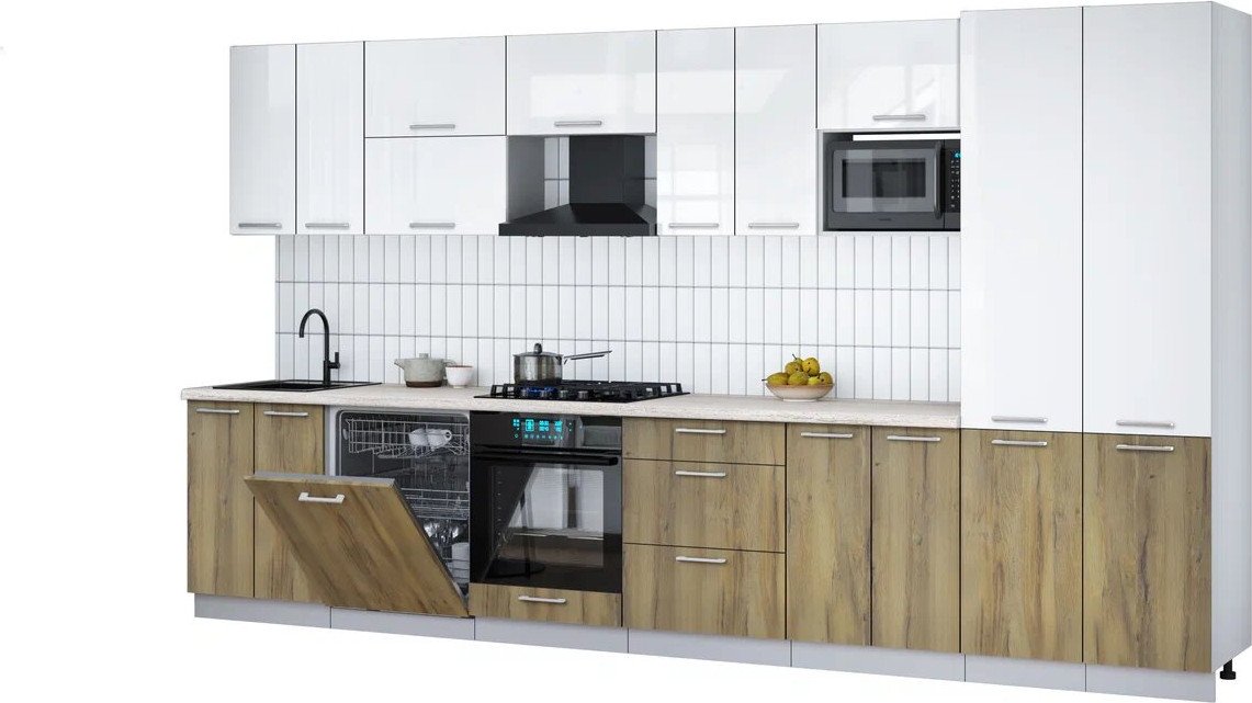 

Готовая кухня Интерлиния Мила Gloss 3.8-ПМ2 (дуб вотан/белый глянец/травертин серый)