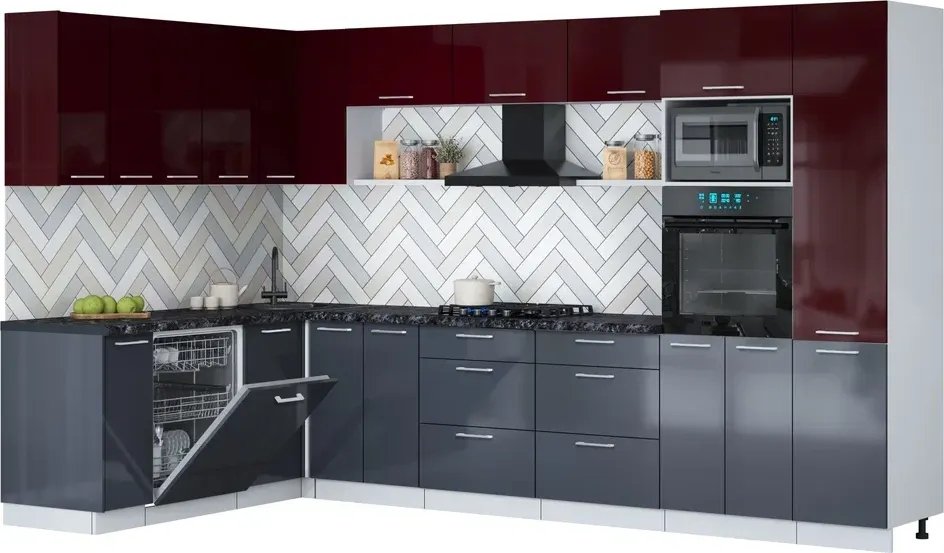 

Готовая кухня Интерлиния Мила Gloss 1.896х3.38 (асфальт глянец/бордовый глянец/кастилло темный)