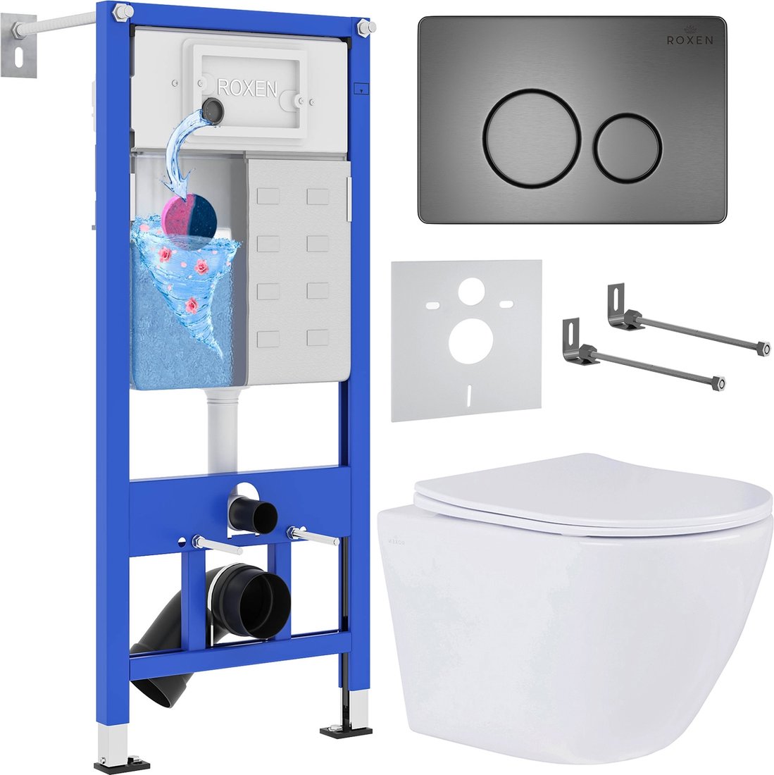 

Унитаз подвесной Roxen Antares One Rimless 6 в 1 StounFix Dual Fresh 624013 (оружейная сталь/металл)