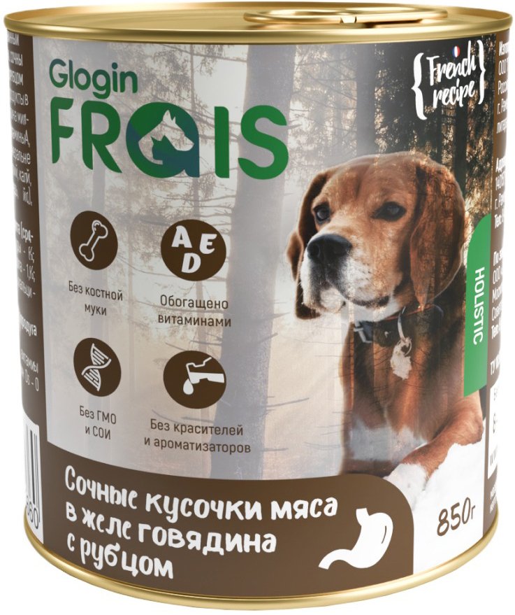 

Консервированный корм для собак Frais Holistic Dog мясные кусочки с говядиной и рубцом в желе (850г)
