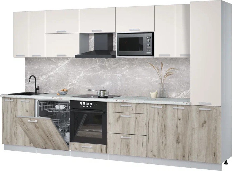 

Готовая кухня Интерлиния Мила Лайт 3.4-ПМ2 (персидский жемчуг/дуб серый/серый каспий)