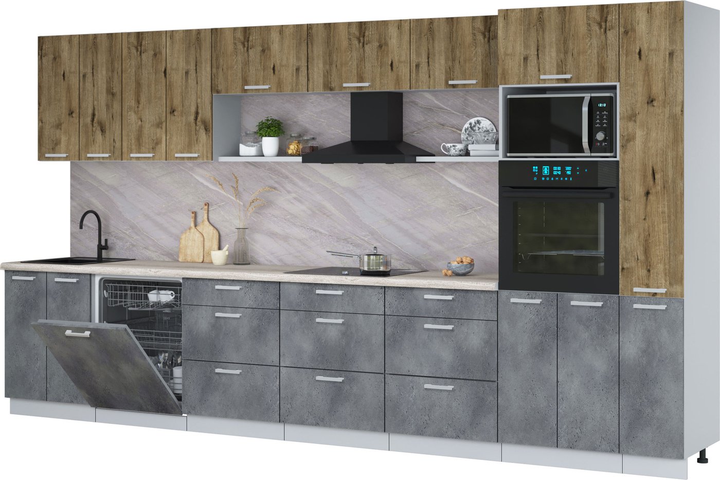 

Готовая кухня Интерлиния Мила Лайт 3.9-ПМ1 (дуб веллингтон/бетон портленд/травертин серый)