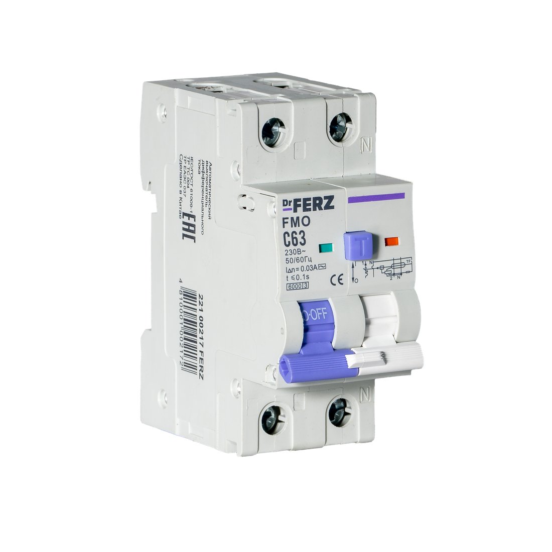 

Дифференциальный автомат Dr.Ferz FMO-EL-1P+N 63A 30mA 6kA AC C 2M 22100217FERZ