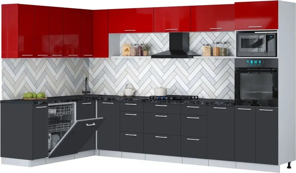 

Готовая кухня Интерлиния Мила Gloss 1.896х3.38-2 (пепел/красный глянец/кастилло темный)