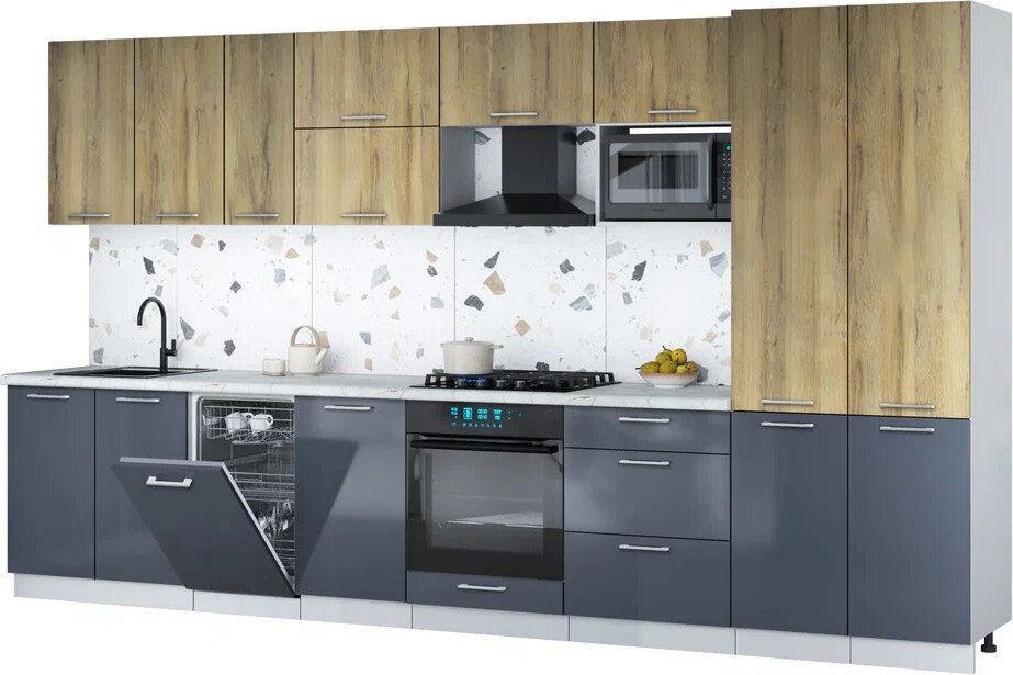 

Готовая кухня Интерлиния Мила Gloss 3.7-ПМ4 (асфальт глянец/дуб вотан/серый каспий)