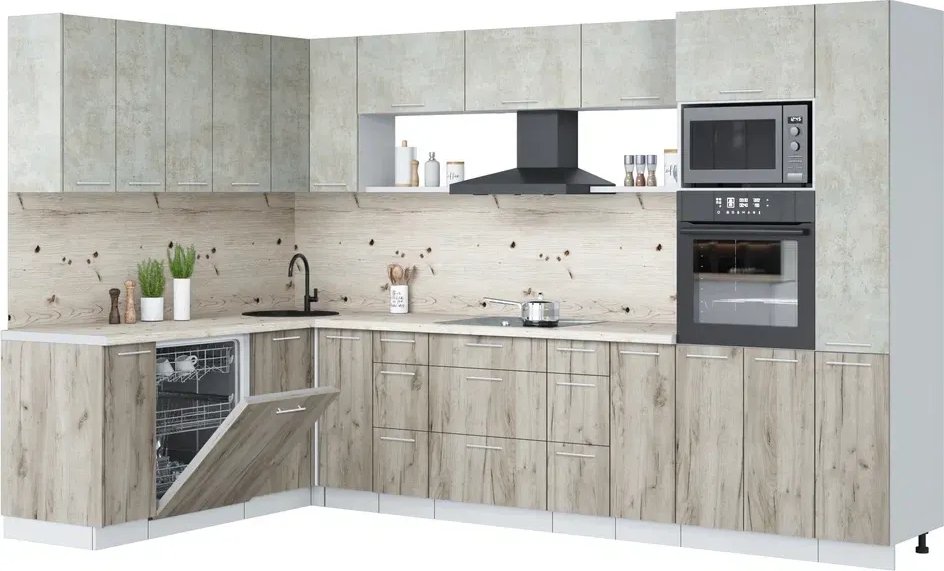 

Готовая кухня Интерлиния Мила Лайт 1.896х3.28 (бетон лайт/дуб серый/бискайская сосна)