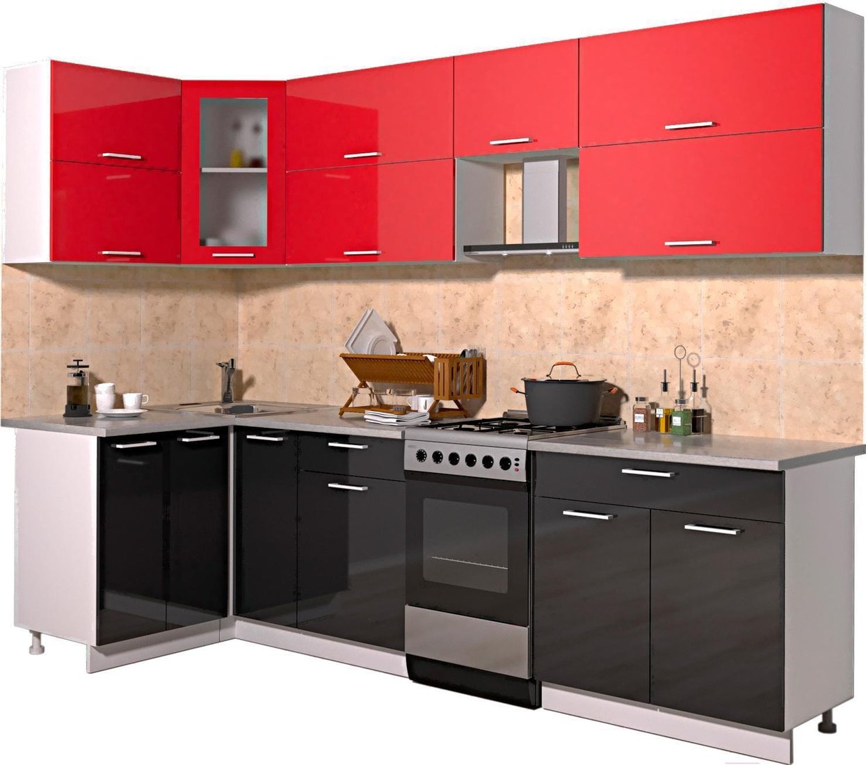 

Готовая кухня Интерлиния Мила Gloss 50-12x27 (красный/черный глянец)