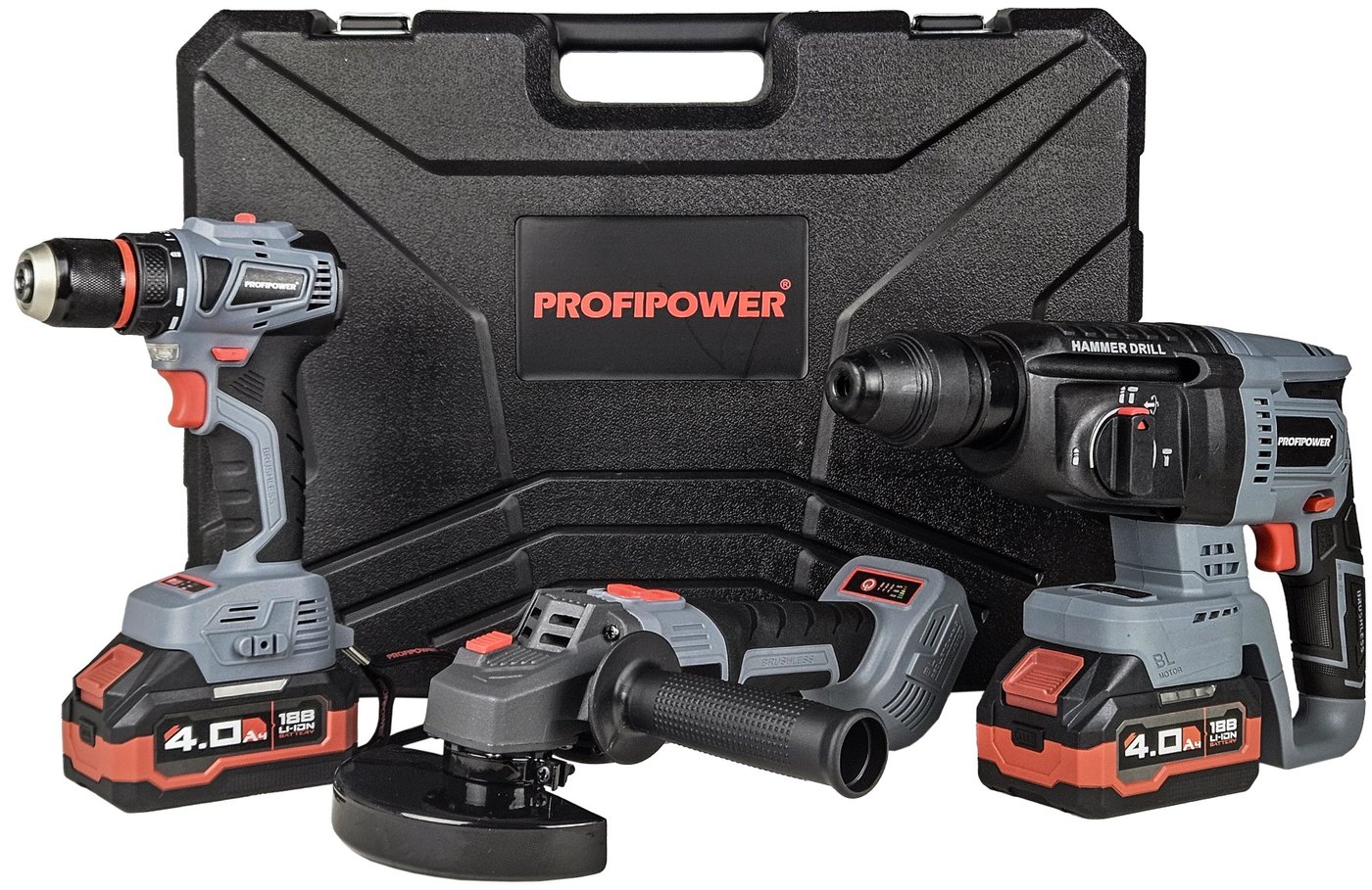 

Profipower ProfiSet-3E18 E0247 (шуруповерт, перфоратор, болгарка, 2 АКБ, кейс)