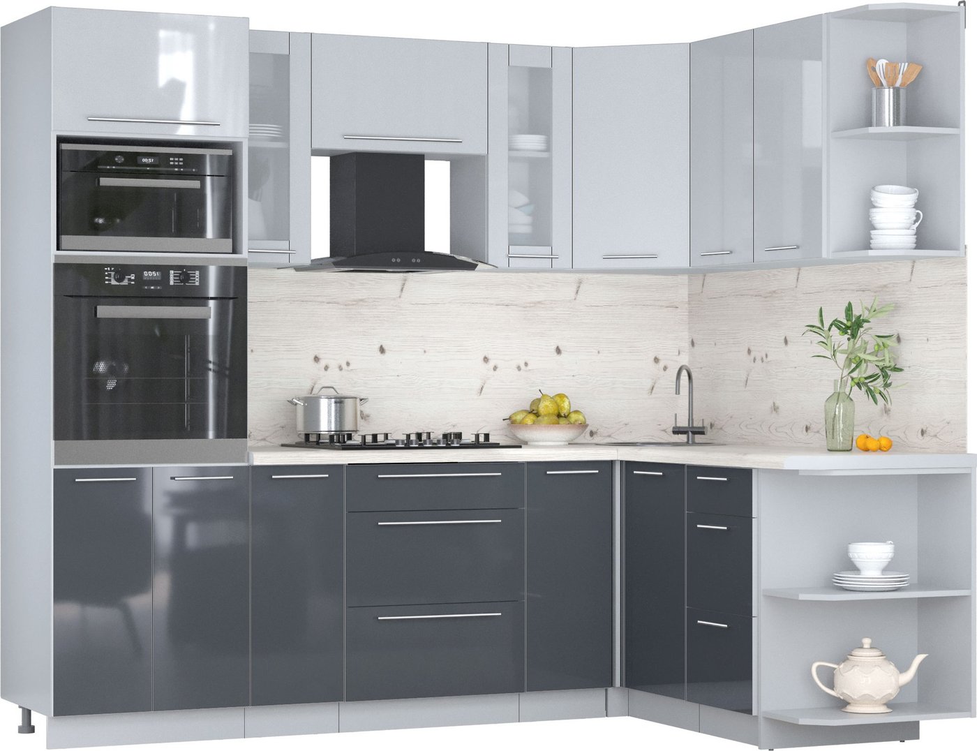 

Готовая кухня Интерлиния Мила Пластик 1.68x2.4 PR (туманный глянец/антрацит/бискайская сосна)