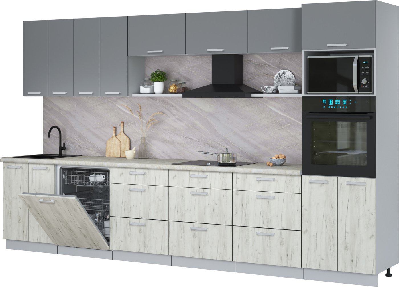 

Готовая кухня Интерлиния Мила Лайт 3.6-ПМ1-2 (серебро/дуб белый/опал светлый)