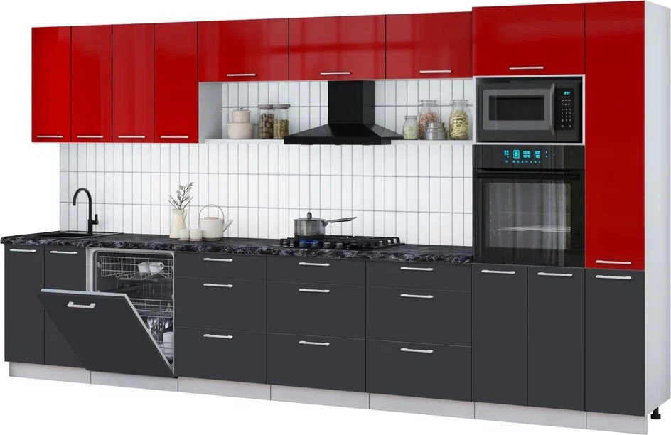 

Готовая кухня Интерлиния Мила Gloss 3.9-ПМ1 (пепел/красный глянец/кастилло темный)