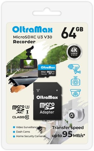 Карта памяти OltraMax Recorder microSDXC 64GB OM64GCSDXC10-U3-V30 (с адаптером)