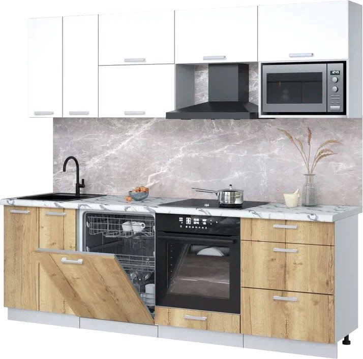 

Готовая кухня Интерлиния Мила Лайт 2.4-ПМ2 (белый платинум/дуб золотой/белый гранит)