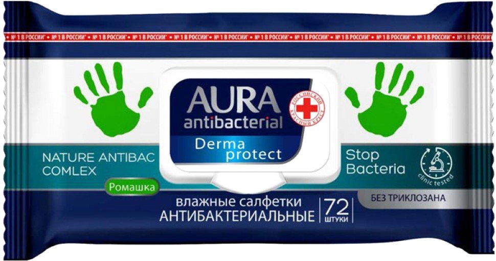 

Влажные салфетки Aura Derma Protect Антибактериальные Ромашка (72 шт)