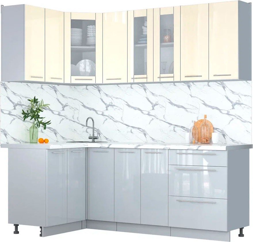 

Готовая кухня Интерлиния Мила Пластик 1.2x2.1 (ваниль/туманный глянец/белый гранит)