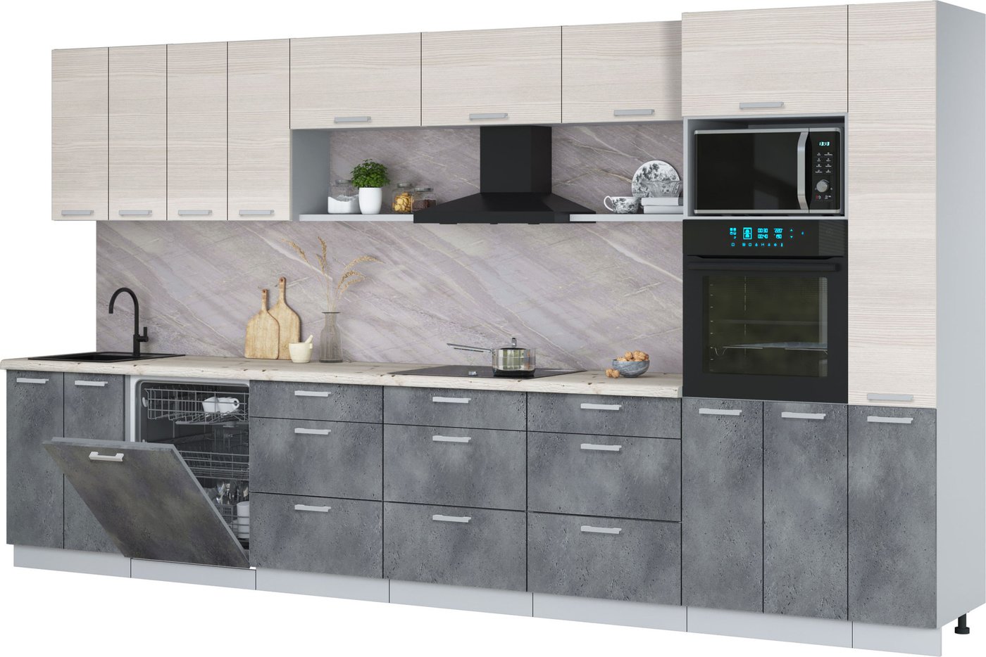 

Готовая кухня Интерлиния Мила Лайт 3.9-ПМ1 (вудлайн кремовый/бетон портленд/бискайская сосна)