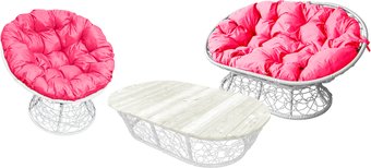 M-Group Мамасан, Папасан и стол 12140108 (белый ротанг/розовая подушка)