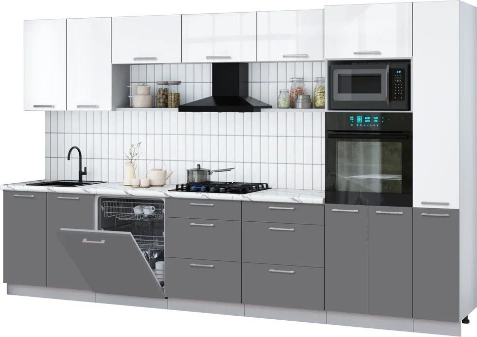 

Готовая кухня Интерлиния Мила Gloss 3.5-ПМ1 (серый/белый глянец/белый гранит)