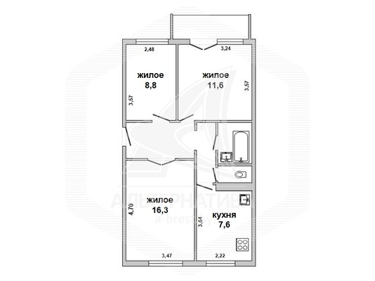 3-комн. квартира, 54.7 м², Малорита