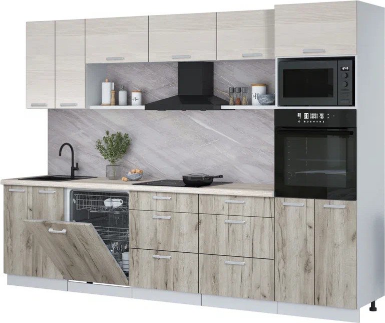 

Готовая кухня Интерлиния Мила Лайт 3.0-ПМ1 (вудлайн кремовый/дуб серый/травертин серый)