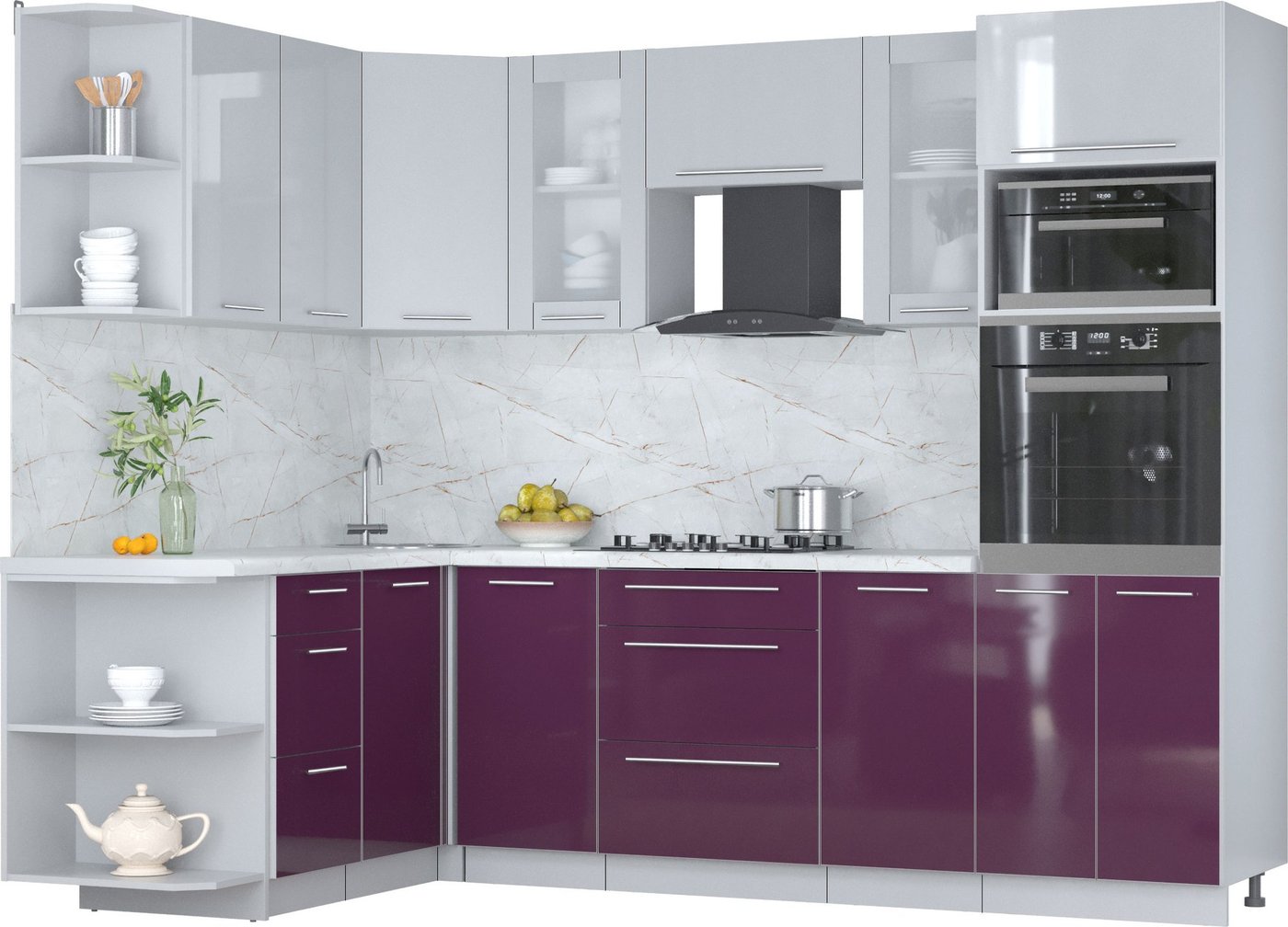 

Готовая кухня Интерлиния Мила Пластик 1.68x2.6 LV (туманный глянец/слива/серый каспий)