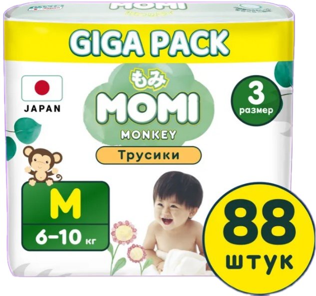

Трусики-подгузники Momi Standard Giga pack M 6-10кг (88шт)