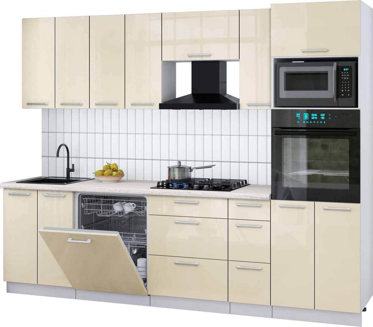 

Готовая кухня Интерлиния Мила Gloss 2.7-ПМ1 (ваниль глянец/ваниль глянец/травертин серый)