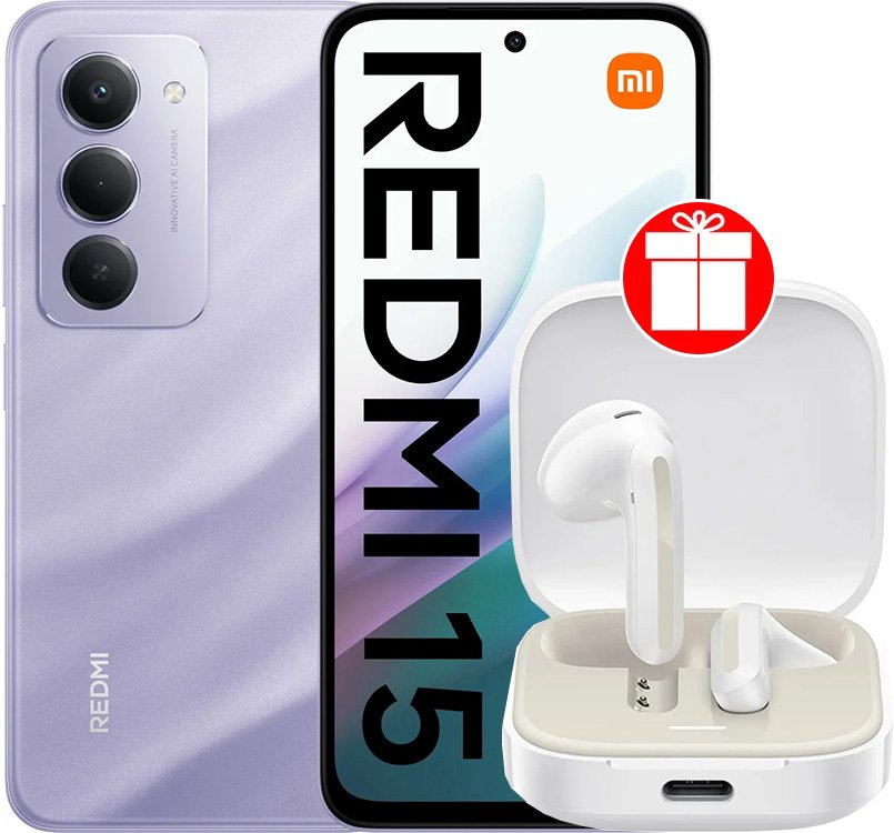 Телефон Xiaomi Redmi 15 4G 6GB/128GB международная версия (фиолетовый) + наушники Xiaomi Redmi Buds 6 Active M2344E1 (белый) по акции