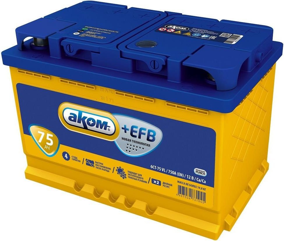 Автомобильный аккумулятор AKOM +EFB 75 (75 А·ч)