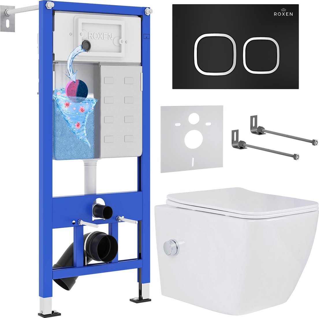 

Унитаз подвесной Roxen Cube Bidet One Rimless 6 в 1 StounFix Dual Fresh 546731 (кнопка: черный матовый)