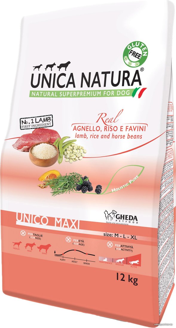 Сухой корм для собак Unica Natura Unico Maxi с ягненком, рисом, конскими бобами 12 кг