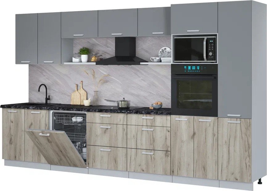 

Готовая кухня Интерлиния Мила Лайт 3.6-ПМ1 (серебро/дуб серый/кастилло темный)